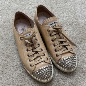 Miu Miu Tan Leather Studded Sneakers